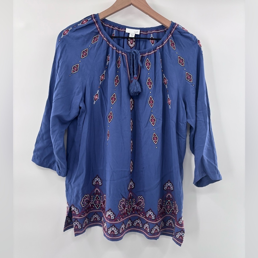 J. Jill Blue and Red Patterned Embroidered Boho Blouse Size Medium